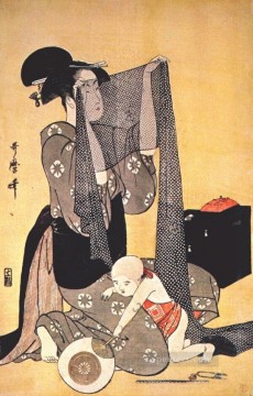  Utamaro Lienzo - mujeres haciendo vestidos Kitagawa Utamaro japonés